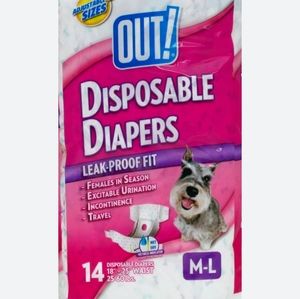 OUT! 14 DISPOSABLE DOG DIAPERS M-L Medium / Large 18-25" WAIST 100% Leak-Proof.